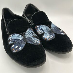 Aldo men’s Chaoswen embroidered butterfly black velvety slip-on shoes, size 7.5